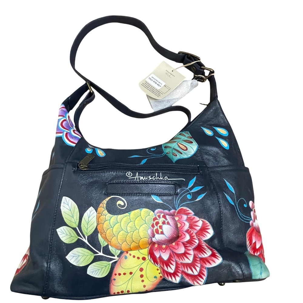 Anuschka Hand Painted Leather Hobo Bag Royal Taj Blue Floral NWT 7412-RTB-MLT - Picture 2 of 9